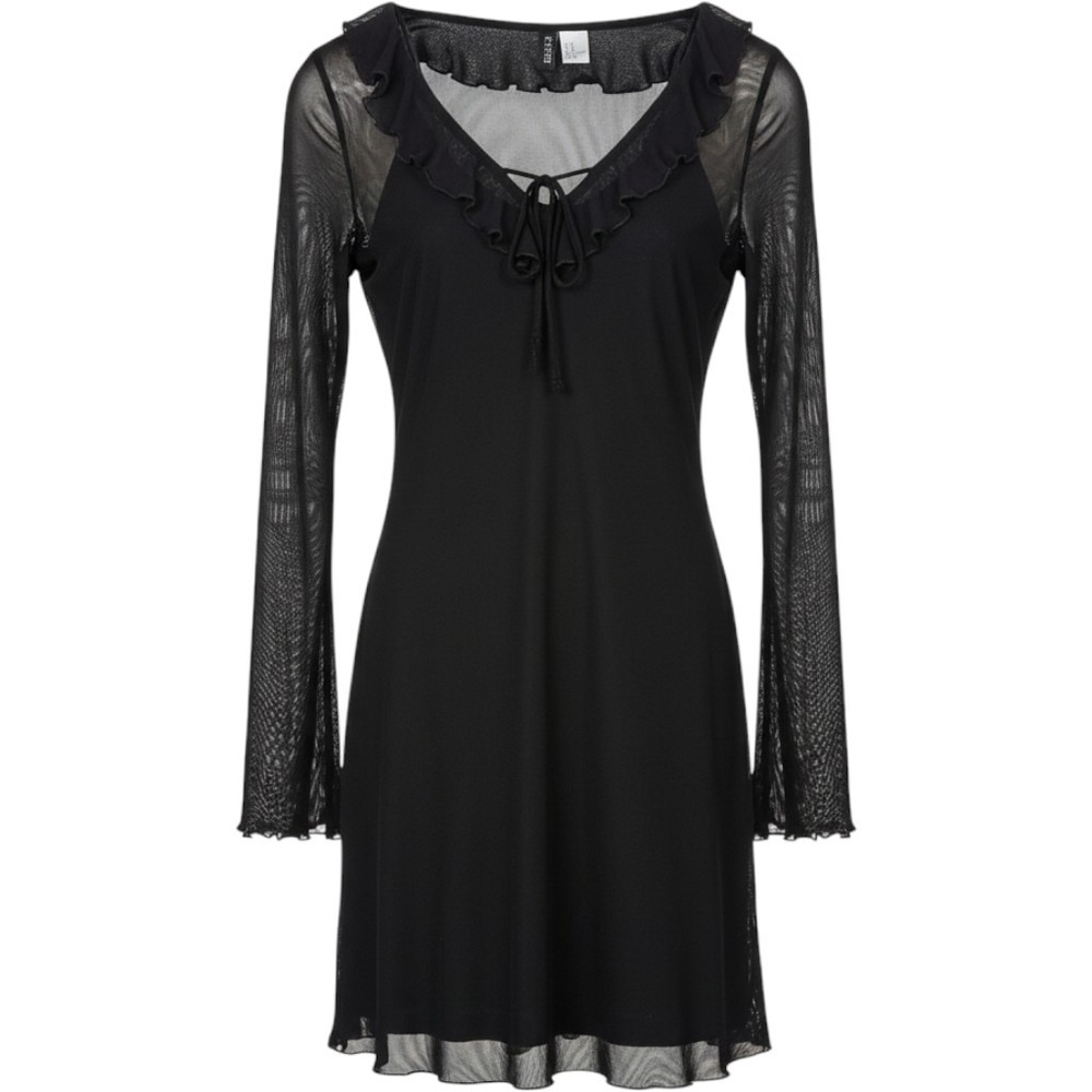 HM Divided Mesh Mini Dress Women XS Black Ruffle Tie Neck Sheer Bell Sleeve Goth